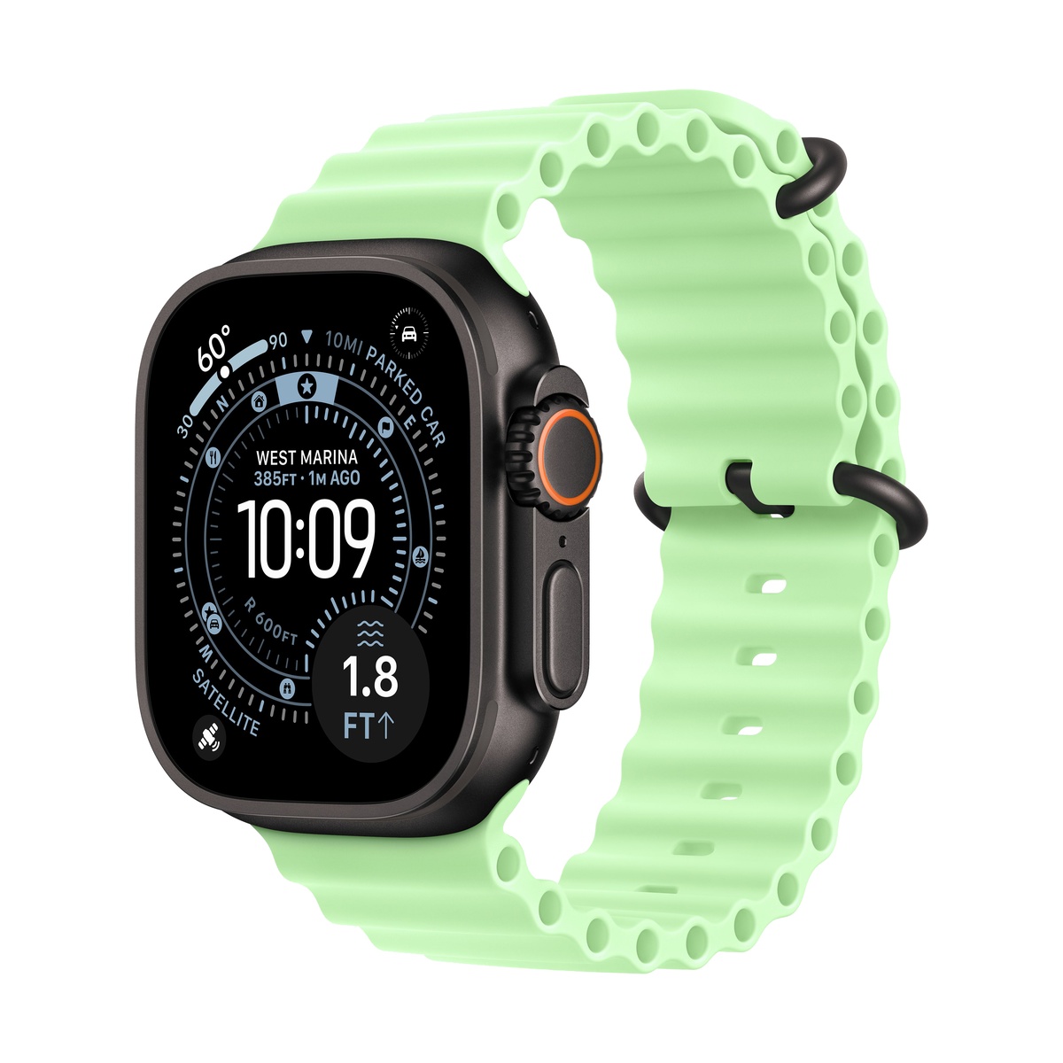 Apple Watch Ultra 3 (2025), 49 мм корпус из титана цвета «Black», ремешок Ocean Band цвета «Neon Green»