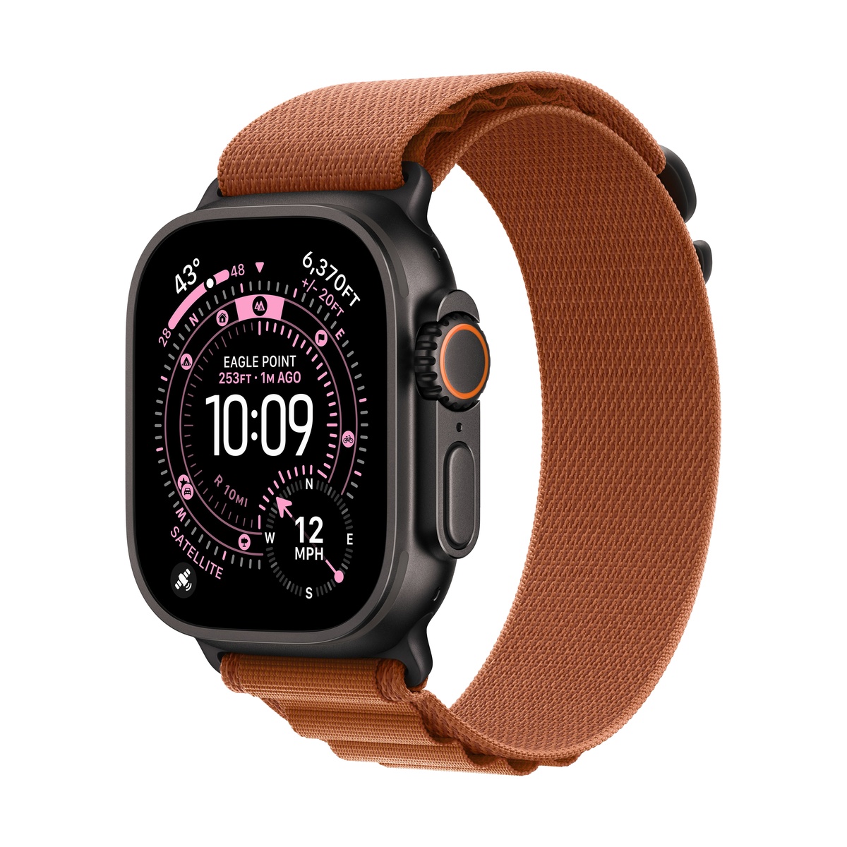 Apple Watch Ultra 3 (2025), 49 мм корпус из титана цвета «Black», ремешок Alpine Loop размера M цвета «Terra Cotta»