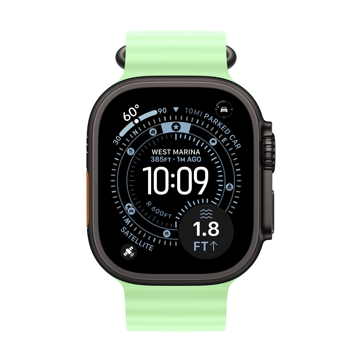 Apple Watch Ultra 3 (2025), 49 мм корпус из титана цвета «Black», ремешок Ocean Band цвета «Neon Green»