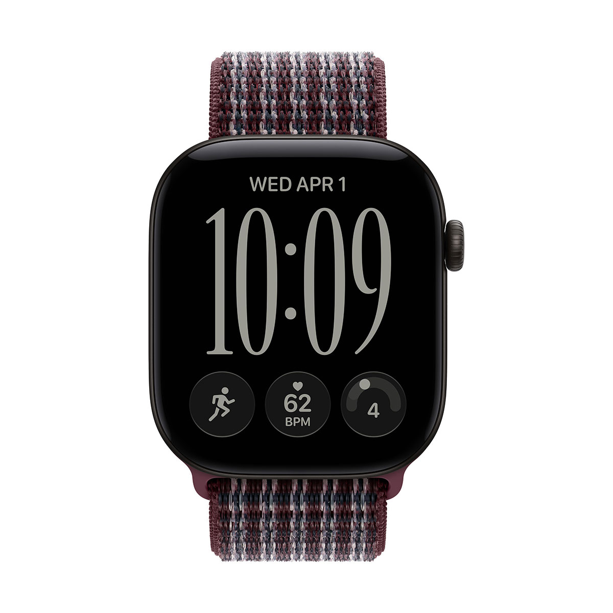 Apple Watch Series 12, 46 мм корпус из алюминия цвета «Black», ремешок Sport Loop цвета «Burgundy Plaid»